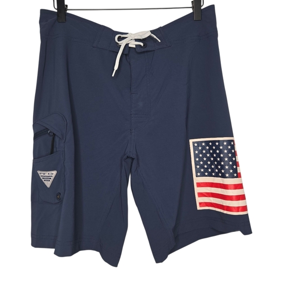 Columbia PFG Mens Outdoor Fishing Navy Blue American Flag Swim Trunks Size 32 - Picture 1 of 10